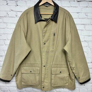 Heavy Tan Canvas Cotton Field Barn Chore Leather Collar Full Zip Pockets Coat L